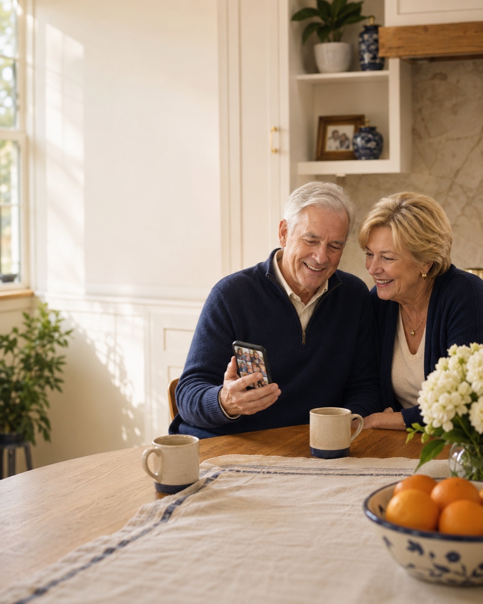 Senior couple smiling while viewing family photos on a phone